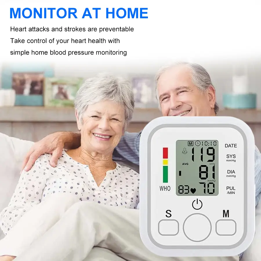 All-in-One Portable Blood Pressure Monitor Upper Arm, Large LCD Backlit Display, One-Touch Automatic BP Machine with Voice Broadcast & Hypertension Alert, 2x99 Memory, Adjustable Cuff for Home & Travel Use Health Monitoring Heart Rate