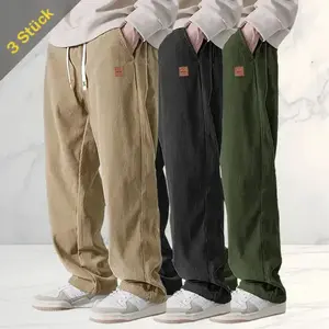 3PCES Men's Corduroy Straight Leg Sweatpants Autumn New Arrival Trendy Brand Loose Fit with Draping Effect Wide Leg Casual Pants for Autumn & Winter Menswear Stylish Elastic Drawstring Casual Pants Drawstring Sweatpants Breathable Corduroy Casual Pants
