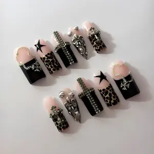 Luxury Leopard Cross Press On Nails – Black French Chrome Charm Nails - Y2K Rockstar Glam Nail Set