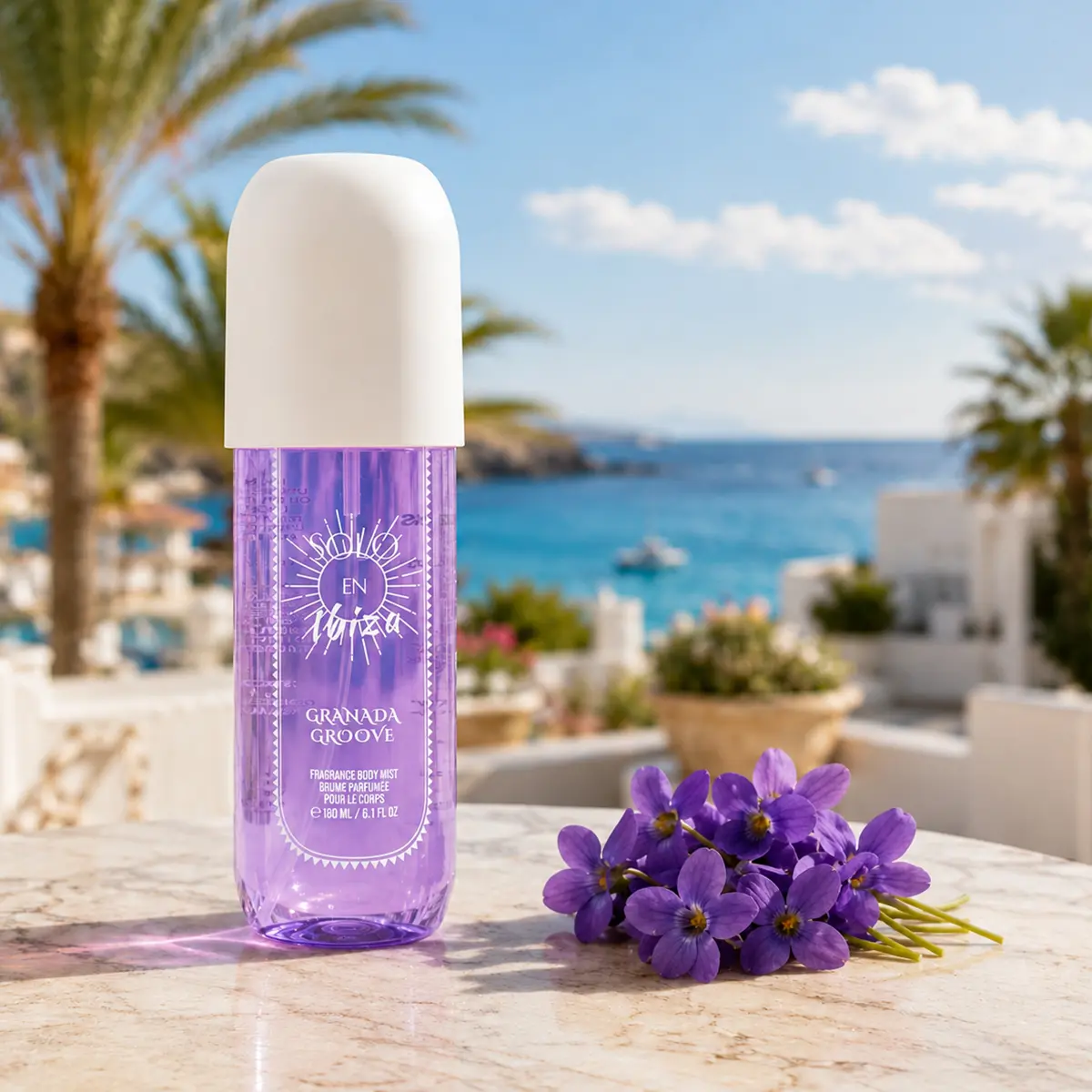 SOLO EN IBIZA Granada Groove Perfume Mist, 6.1 fl oz Perfume-Level Fruity Floral Fragrance with Plum, Violet, Sandalwood & Skin-Friendly Oils, Cruelty-Free Lightweight Body Mist for Adults, Aromatic Luxurious Signature Scent, Aromatic Luxurious Scent