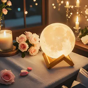 Moon Lamp, 3D Printed with 16 Dimmable Color Options, Comes with A Remote Control And Wooden Stand, Moon Lamp. A Creative Birthday Gift, Bedroom And Desktop Decoration, Romantic Anniversary Gift, Night Light, Atmospheric Spherical Lamp. , Home Ambiance, B