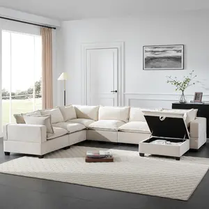 [4 items delivered] Niccae 117.5-inch modular sofa with movable storage footstool, 7-seat U-shaped sofa, spacious seating, freely combinable, extra-large chenille sofa, suitable for living rooms and apartments, gray and beige.