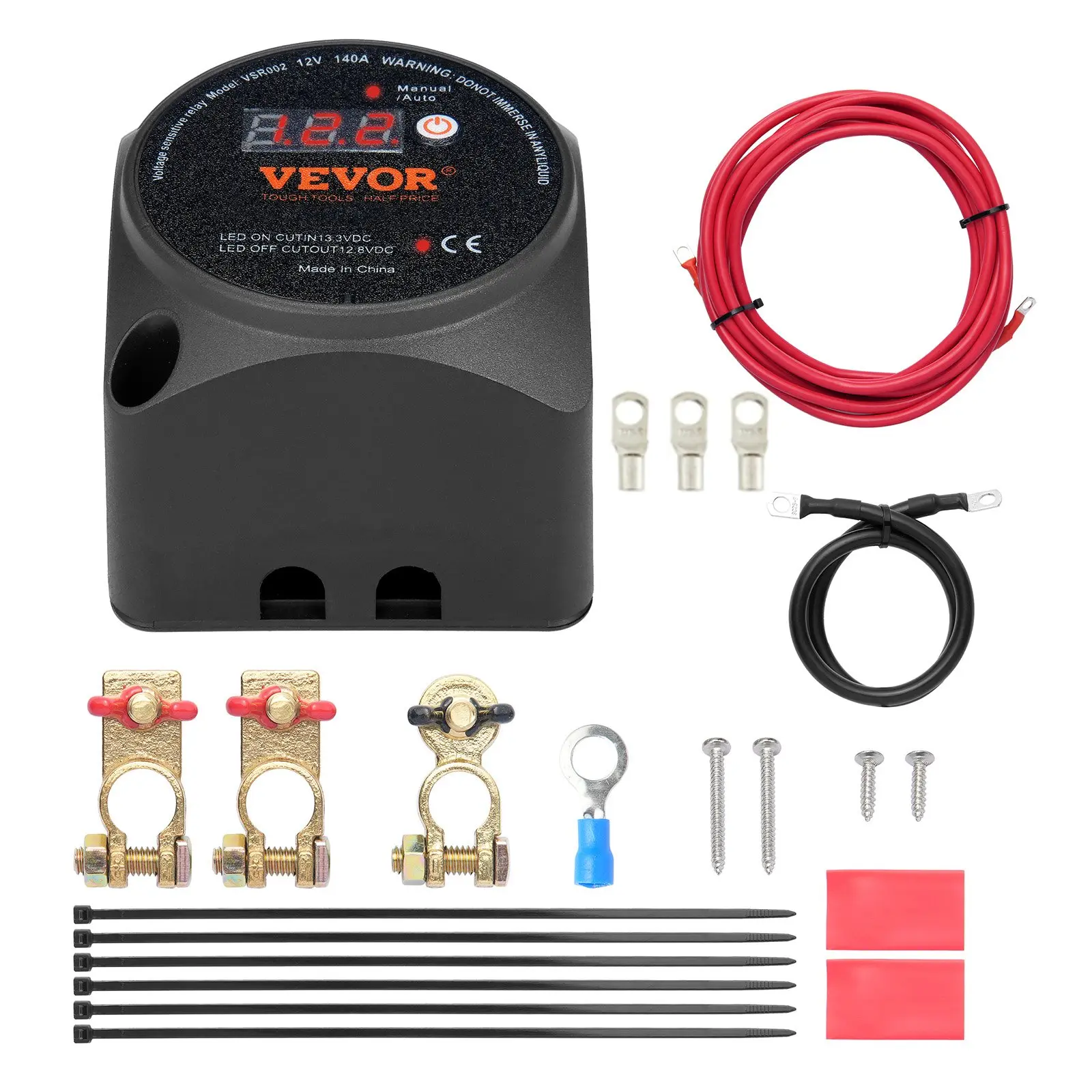 VEVOR 12V 140A Dual Battery Isolator Complete Kit, Voltage Sensing Relay with LCD LED Display, 3.3 lb ABS Build, Manual-Auto Dual-Mode, High-Low Voltage Protection, Cable Ties for ATV, Boat, Caravan, Yacht, Camper, RV
