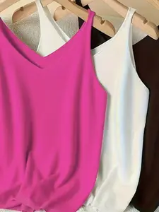 Women's V-Neck Knit Halter Top Set, Casual Versatile Innerwear, 3-Piece Matching, Perfect for Daily Wear & Layering