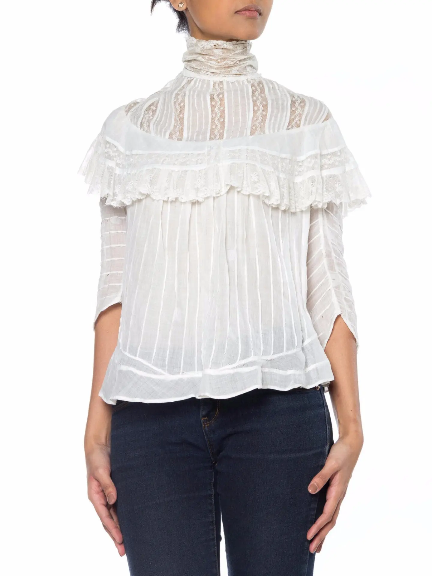 Victorian White Cotton Voile Swan Neck Pintucked Blouse With Lace Ruffled Yoke & 3/4 Sleeves