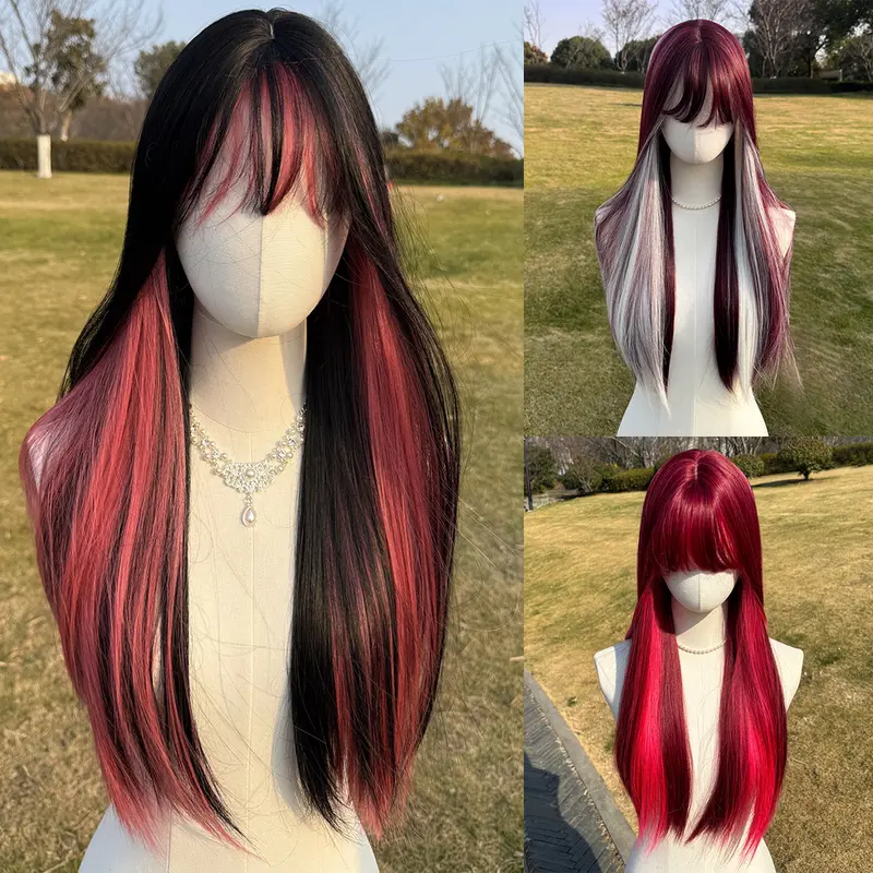 SMILCO 24" Straight Black Pink Highlight Synthetic Wig with Curtain Bangs, Glueless Full Machine Cap, Natural-Looking Scalp, Adjustable Straps, Soft Texture SM408