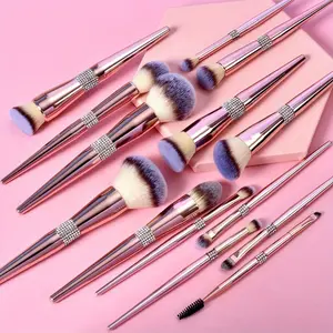 [Luxury Golden Glitter Brush] 14pcs Luxury Golden Glitter Diamond Bling Metal Rose Brush - Makeup Brushes Set