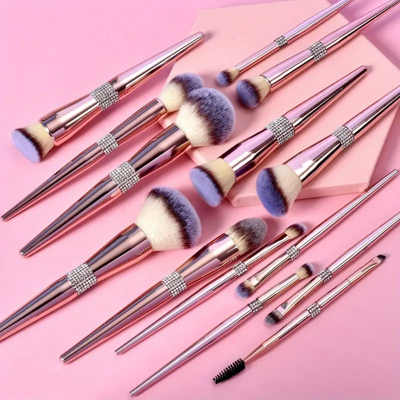 [Luxury Golden Glitter Brush] 14pcs Luxury Golden Glitter Diamond Bling Metal Rose Brush - Makeup Brushes Set