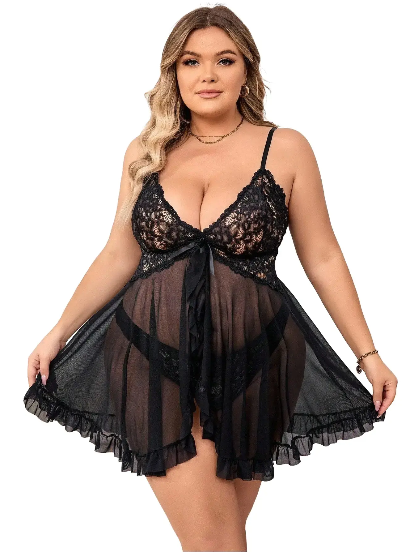 Women's Fashion Plus Size 2-Piece Sleeveless Sheer Lace  Babydoll Lingerie - Adjustable Thin Straps, Deep V Front Tie, Ruffled Mesh, Back Hollow, Drape Loose Figure-Friendly Nightwear for Curvy Ladies, Private Photo Shooting intimate moment