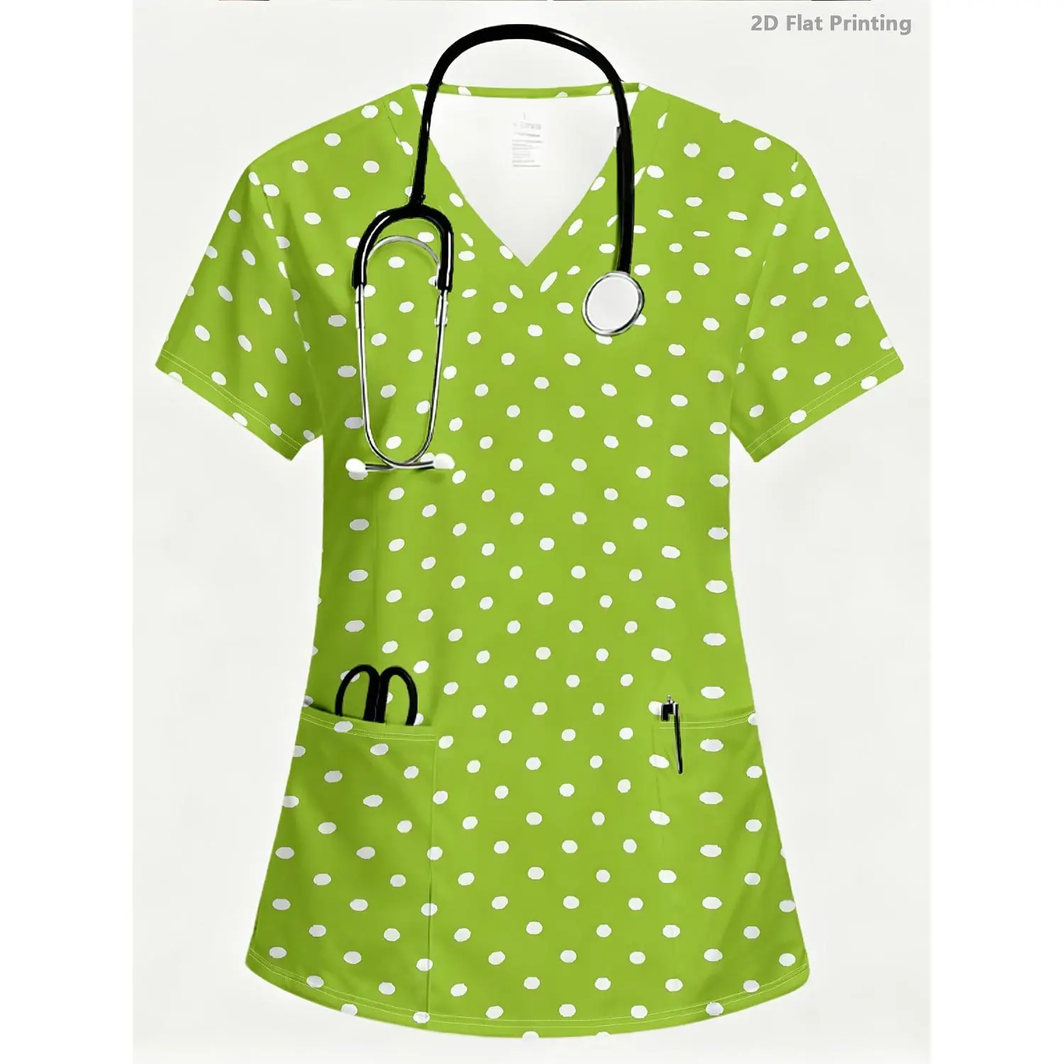 Women's Professional Workwear: Breathable, Skin-Friendly V-Neck with Green and White Dot Pattern - Soft and Comfortable Fabric, Ideal for Light Work and Daily Wear, Perfect Gift