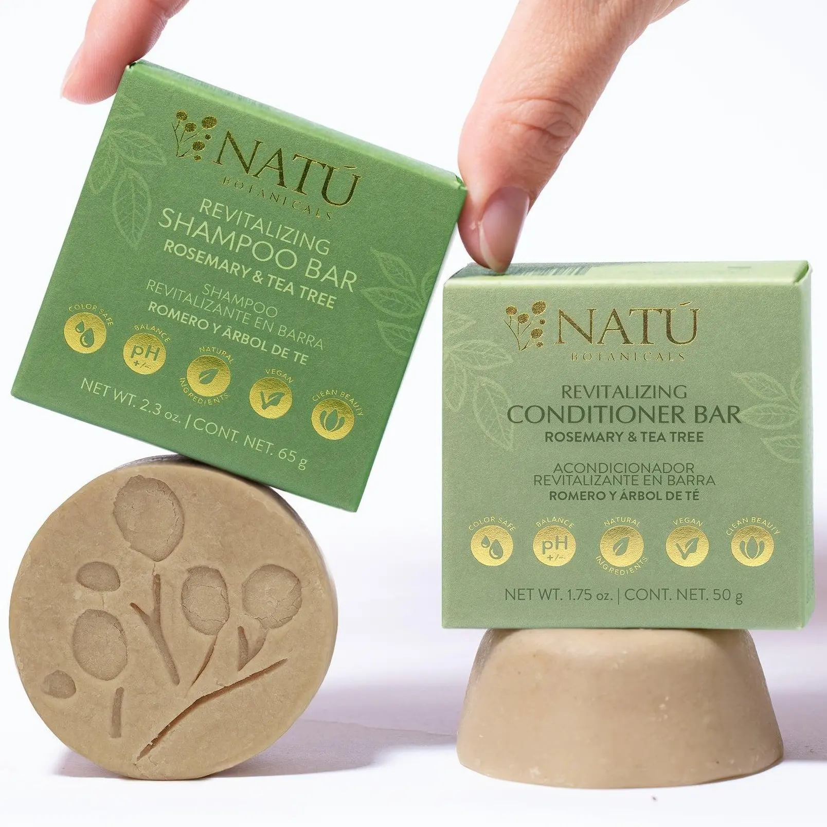 Natu Botanicals Revitalizing Nourishing Shampoo & Conditioner Bars - Rosemary & Tea Tree, Vegan, Sulfate-Free, 0 Waste - Up to 60 Washes, Natural Haircare