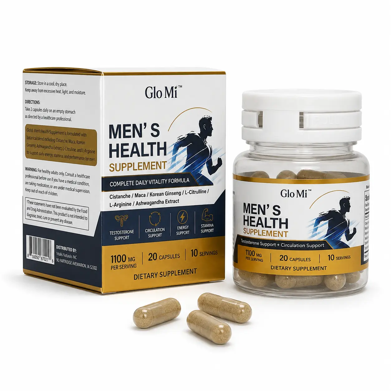 Glo Mi Men's Health Supplement with Cistanche, Maca, Korean Ginseng & Ashwagandha for Daily Vitality, Energy and Stamina Support