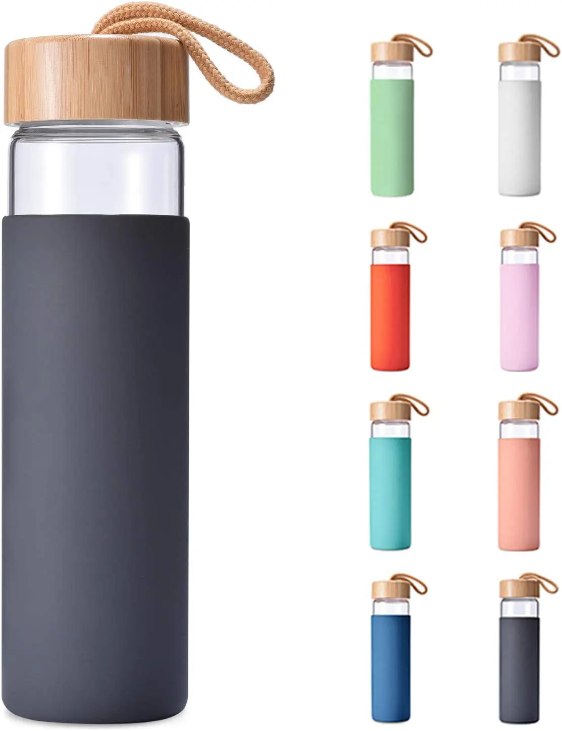 20 Oz Borosilicate Glass Water Bottle with Bamboo Lid and Silicone Sleeve – Reusable BPA Free – Cute Drinking Bottle for Women - Shaker Bottle