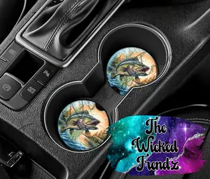 Cute Car Coasters Set of 2 Fish Fishing Outdoorsman Country Hunting Car Truck Accessories Cup Holder New Car Gift Car Decoration Decor Women Men