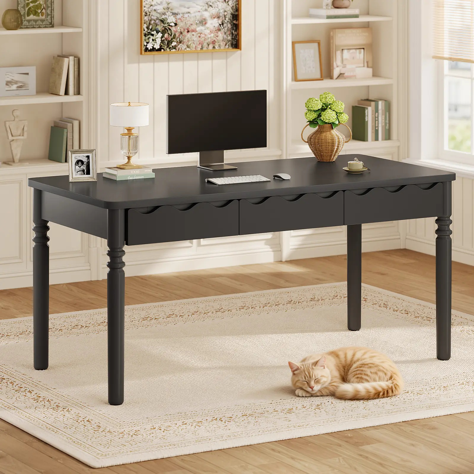 SEDETA 47 Inch Solid Pine Wood Computer Desk Executive Home Office Desk with 3 Wood Drawers for Work Study Writing Bedroom Makeup Vanity Desk