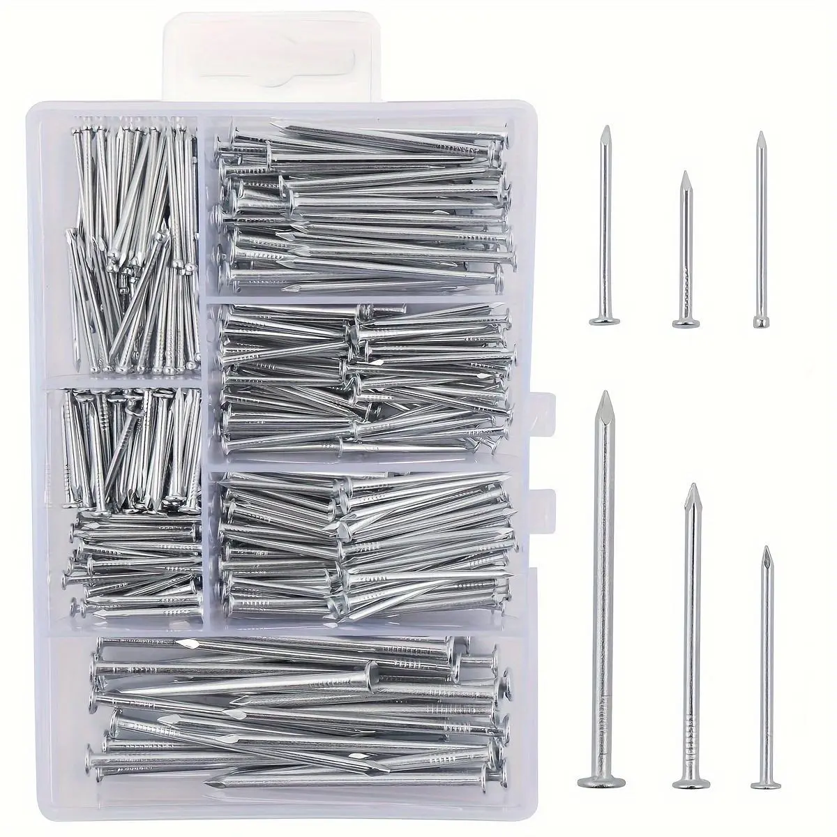 350pcs Hardware Nails Assortment Kit, Picture Hanging Nails, Wood Nails, Wall Nails With Storage Box, 6 Sizes, Heavy Duty Steel Nails