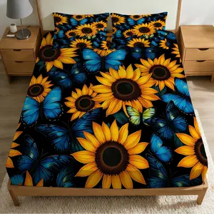 2/3Pcs Sunflower And Butterfly Pattern Fitted Sheet Set(1*Fitted Sheet+1/2*Pillowcase, No Filling),High-Definition Digital Printed ,100% Polyester Fiber,Machine Washable,With Zipper,A Perfect Gift For Family And Friends All Year Round!