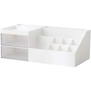 Cosmetic/Makeup Vanity Organizer Box, Mini Desk Storage for Office Supplies, Bathroom Counter or Dresser, White