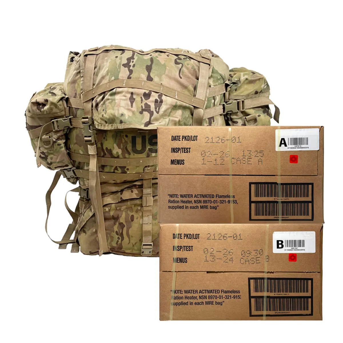 Military OCP Multicam MOLLE II Rucksack & Inspection Date 2026 A&B MRE Case Combo