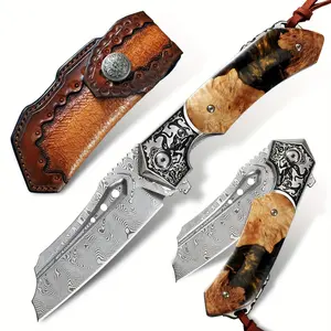 ALVELY Handmade Damascus steel pocket knife. 3.5 inch sharp blade quality pocket knife. With leather sheath, liner lock. Resin and maple handle. EDC men's folding knife, adventure daily carry, outdoor camping, fishing hunting knife.