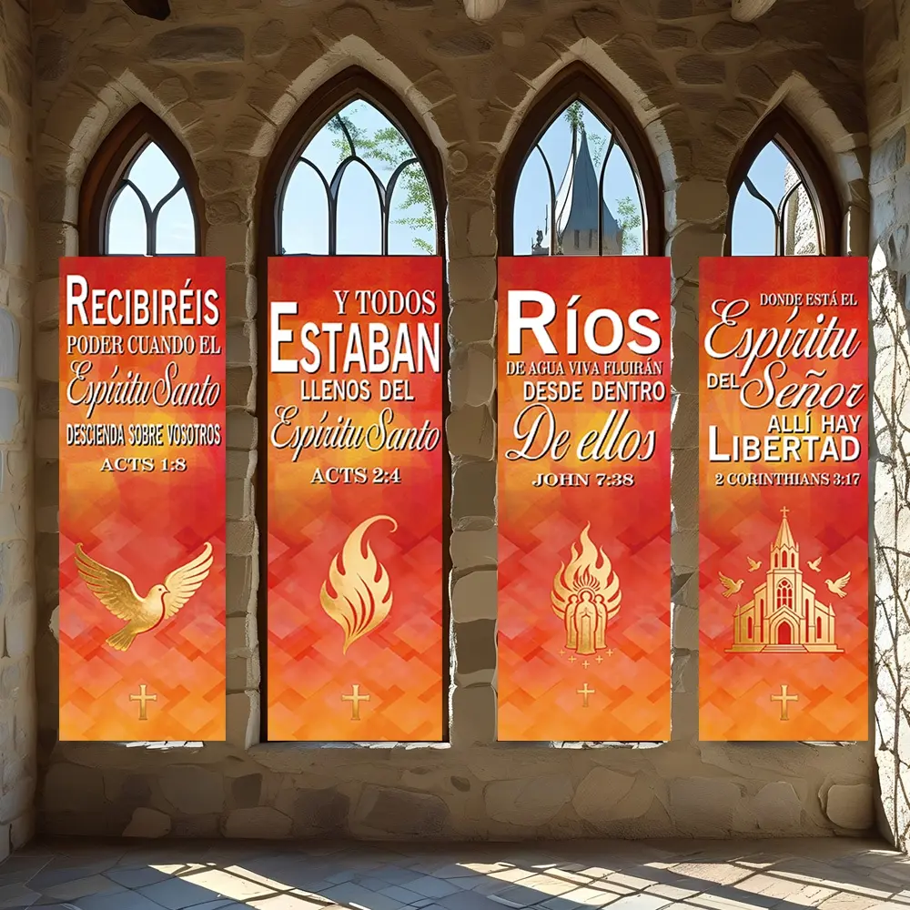 4 Pcs Religious Banners, Polyester Material Christian vertical banner set Spanish bible verse print Pentecost suitable for church and home wall decoration to enhance religious atmosphere Decorative Banner
