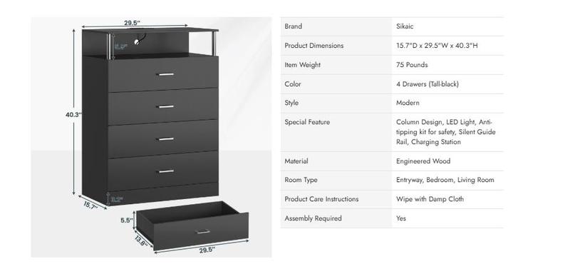 Sikaic 4 Drawers Led Tall Dresser Home Storage Cabinet with Charging Station for Bedroom Closet Sikaic 4 Drawers Led Tall Dresser Home Storage Cabinet with Charging Station for Bedroom Closet