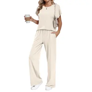 AUSELILY Cloud Soft 2 Piece Sets for Women 2026 Summer Casual Crew Neck Batwing Sleeve Wide Leg Pants Set Resort Travel Outfits