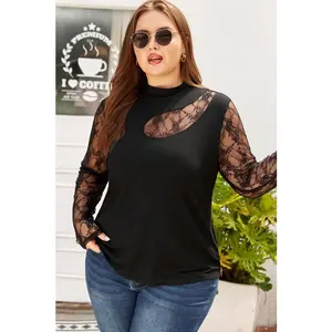 Plus Size Lace Patchwork Cutout Long Sleeve Top