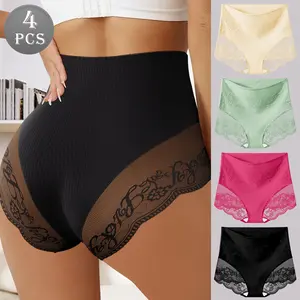 QUASTI 4 Packs High-waisted Sexy Lace Jacquard Ladies Briefs, Ultra-Comfortable Breathable High Elasticity Hip Lifting Sexy Briefs Panties, Fashionable Elegant Sweet Full Coverage Underwear for Women's Gift,  S-XXL Fabric Spandex