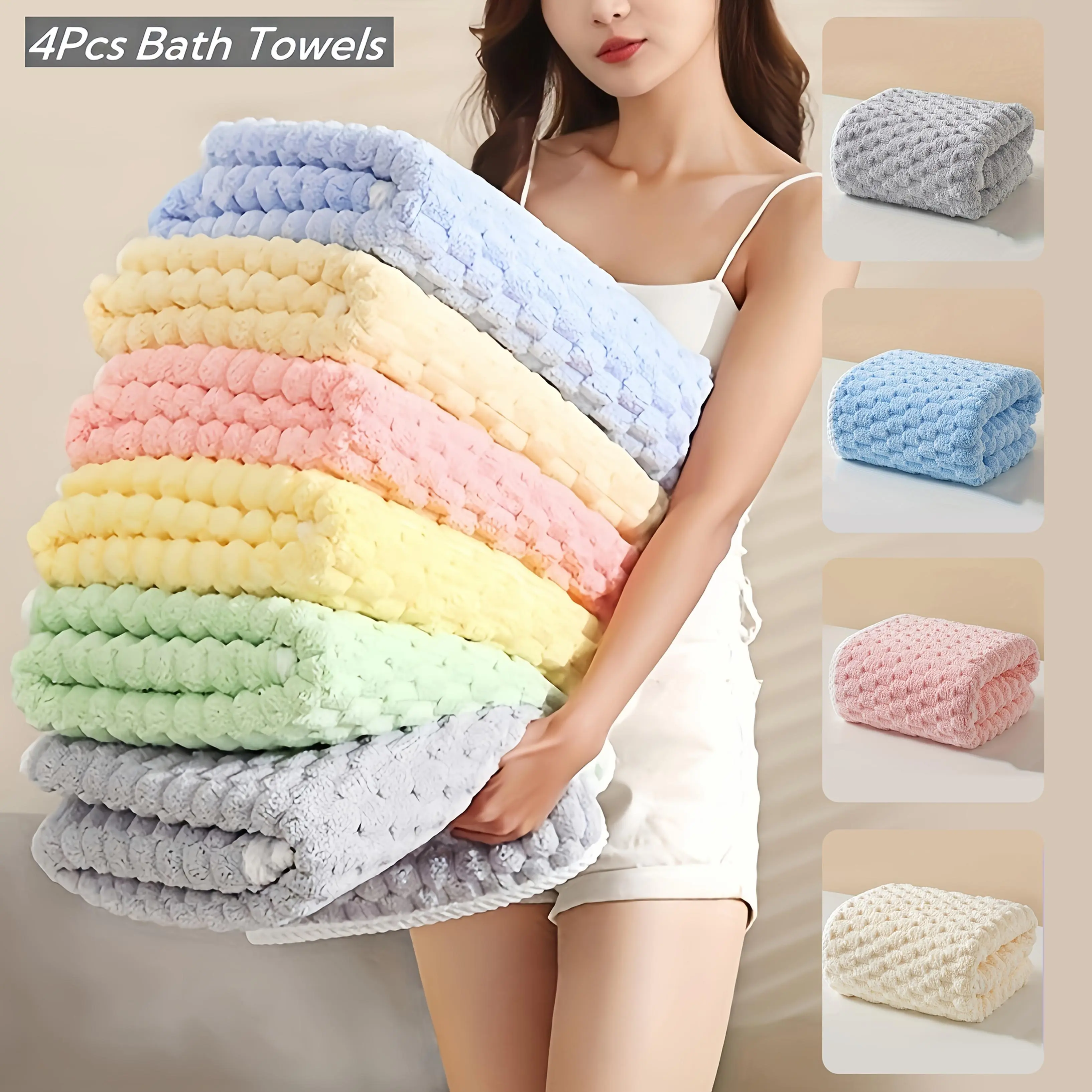 Pack of 4 Waffled Super Soft Woven Bath Towels - Quick-Drying Microfiber Towels for Adults, Soft and Comfortable, 80% Polyester & 20% Polyamide