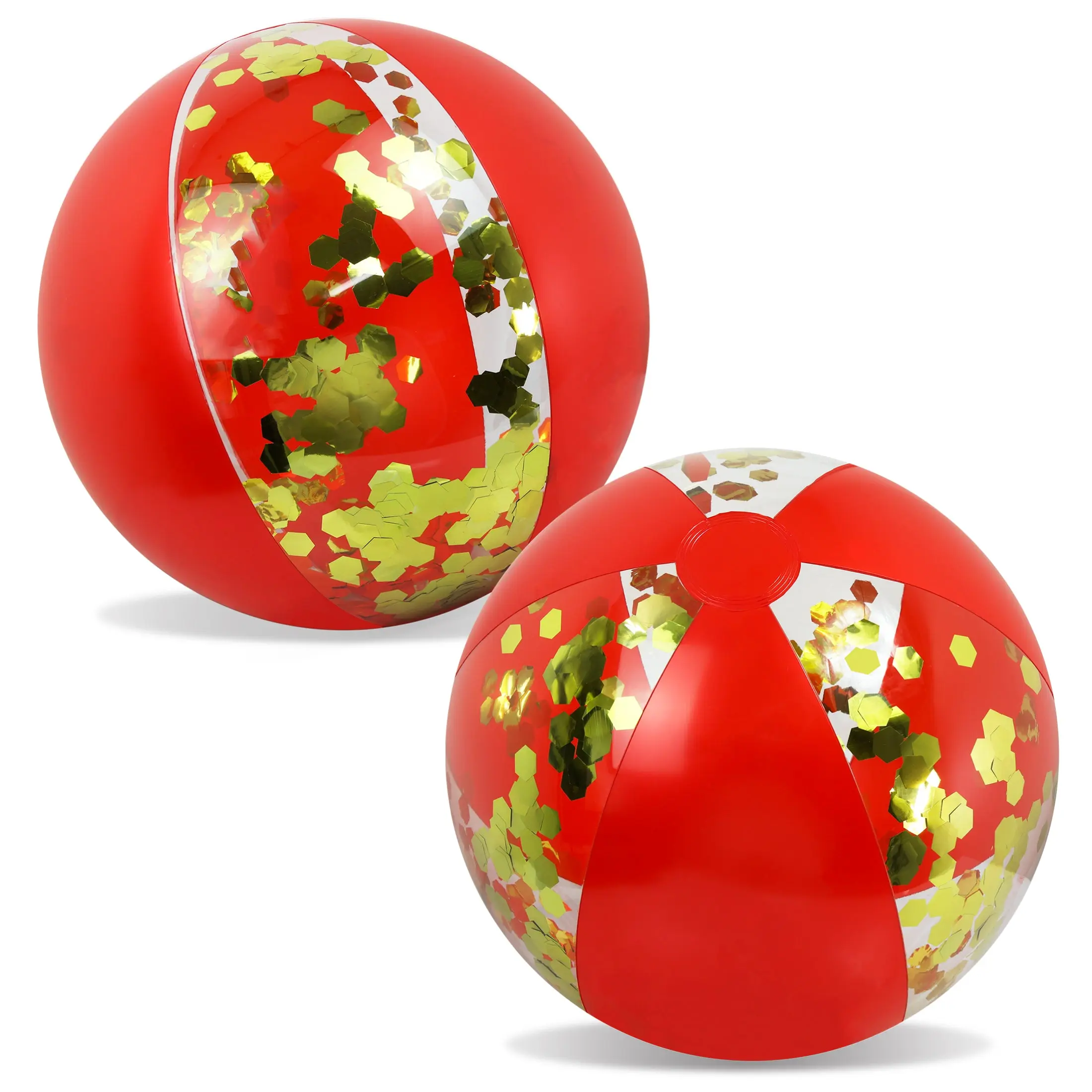 POZA Unisex Inflatable Beach Balls Set of 2, 16 inches Red-Gold PVC Vinyl with Confetti, Lightweight Outdoor Sports Toy for Age 6+, Beach/Pool Activities, Includes Repair Patch