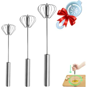Semi-automatic Stainless Steel Hand Push Rotary Whisk Egg Beater Mixer Stirrer for Making Cream Whisking Beating Stirring Silver