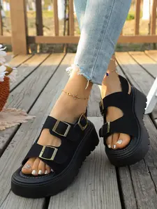 Women's Thick Sole Fishbone Shoes, Vintage Buckle, PU Leather Soft Upper, Perfect for Festivals, Beach Walks, Casual Summer