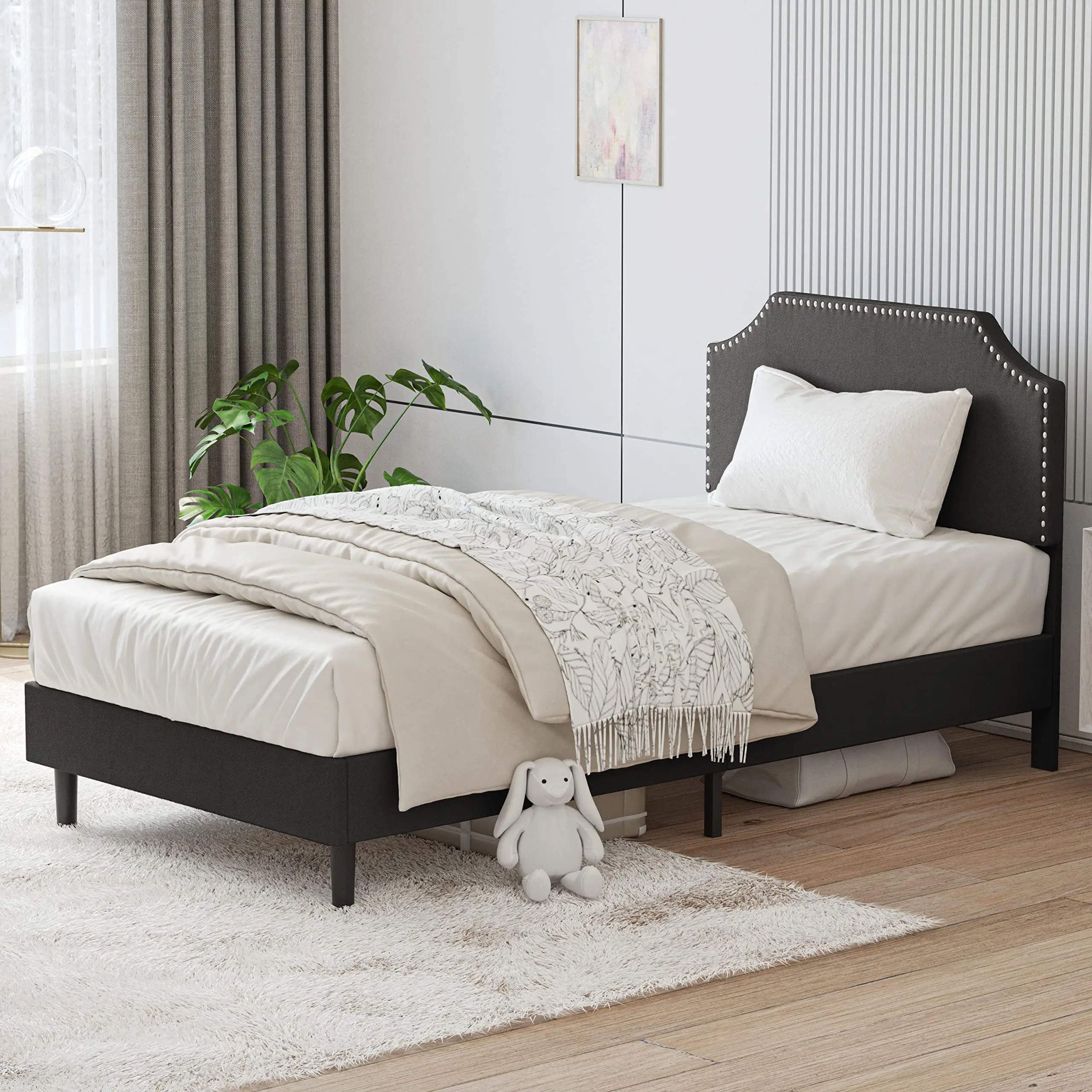 LIKIMIO Upholstered Platform Twin Bed Frame with Nailhead Trim Headboard, Height Adjustable, No Box Spring Needed, Noise-Free, Grey