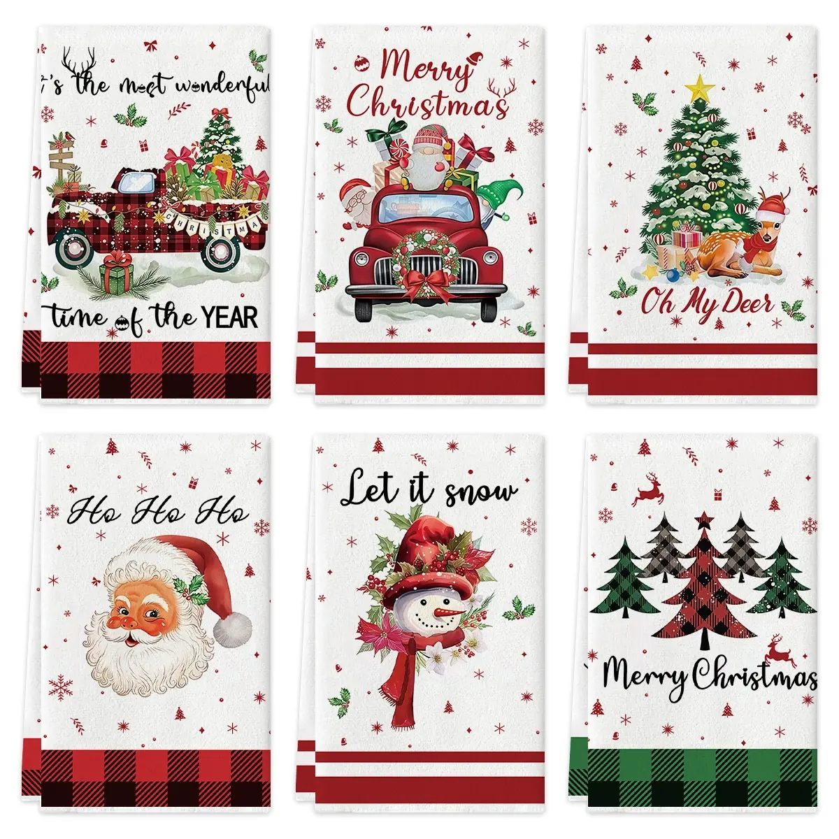 4/6pcs 15.7x23.6-inch Christmas super absorbent reusable kitchen towel and dishcloth set, Christmas kitchen decoration tea towel, including Santa Claus, trees, snowmen, truck patterns - Winter holiday party decoration gift, Kitchen Cleaning Towels