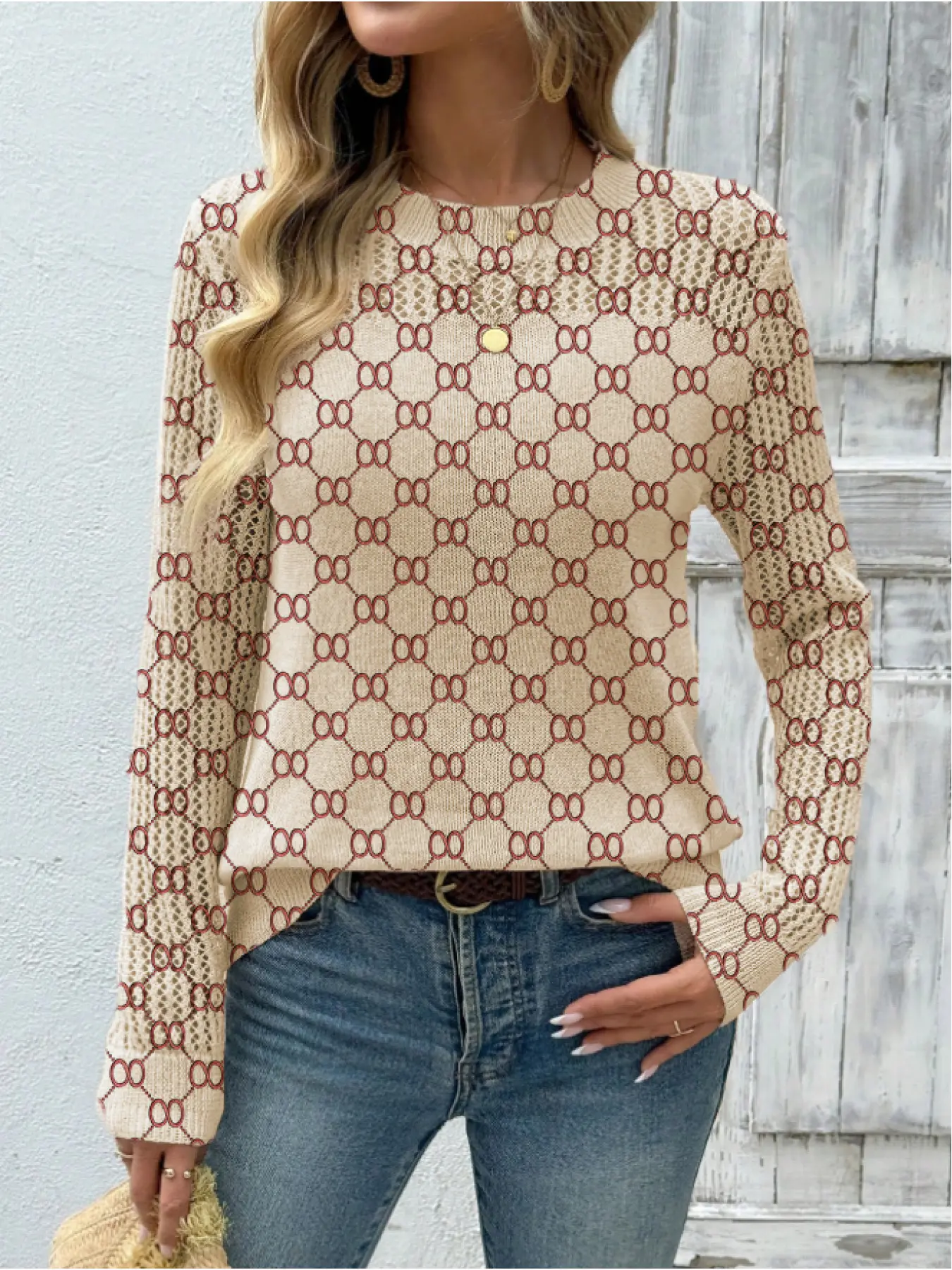 Women's Aesthetic Geometric Mesh Print Round Neck Sweater, Casual Long Sleeve Knitwear for Fall Winter, Comfortable Warm Daily Wear Tops