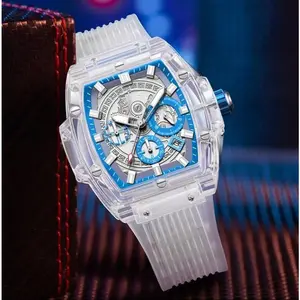Luxury Fashion Transparent Sports Chronograph Men Water Resist Quartz
