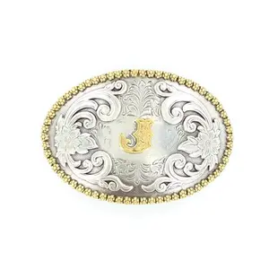 Nocona Antique Silver Initial Belt Buckle with Gold Letter & Floral Scroll – 37072-J