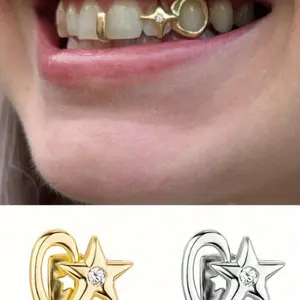 Hip Hop Style Four-Pointed Star Tooth Grill - Synthetic Zirconia, 14K Golden Plated Alloy, Single Tooth Design for Party Decorations, Halloween Gifts, Nightclubs & Festive Celebrations, Party Accessory, Bold Accessory, Durable Construction