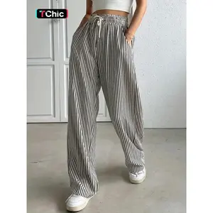 Women's striped printed drawstring wide leg pants, summer casual pocket pants, daily wear women's underwearRAIMENTRY