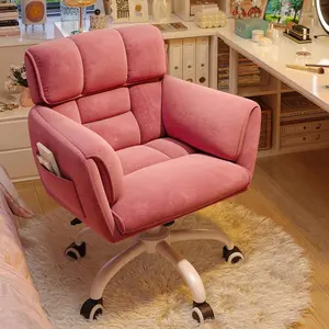 Home Office Chair With Wheels & Side Pockets Vanity Chair Adjustable Height Soft Upholstered Modern Desk Chair With Backrest & Arm For Bedroom, Pink