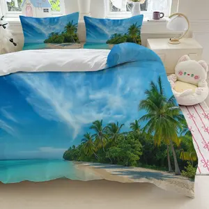 3pcs beach palm trees blue sky clear water sand green tree bedding set (1*Duvet Cover + 2*Pillowcase, Without Core)+Soft comfortable and breathable Suitable for bedroom guest room hotel dormitory rooms