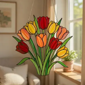 Tulip Bouquet Acrylic Suncatcher, Stained Glass Style Window Hanging, Colorful Spring Decor, Floral Window Art, Mother's Day Gift