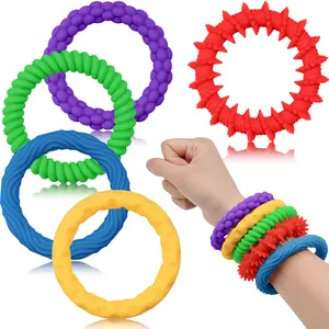 5-Pack Rainbow Colors Silicone Stretchy Bracelet Fidget Toys for Kids, Textured Design Sensory Chew Toys for Anxiety Relief and Focus, Wearable Stress Relief Band Toys for Toddlers and Children