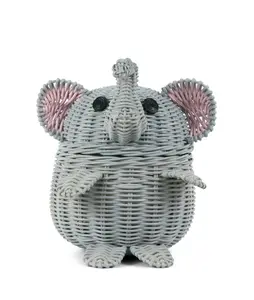 Gray Elephant Rattan Storage Basket With Lid Hand Woven Shelf Organizer Cute Handmade Gift Wicker