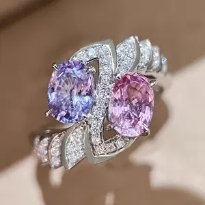 Luxury Women's Oval Pink & Purple Synthetic Zirconia Ring - 4-Prong Setting with -Accented Band, White Golden Plated Elegant Wedding/Party Jewelry, April Birthstone Gift for Women (Synthetic Gemstone, Year-Round Wear)