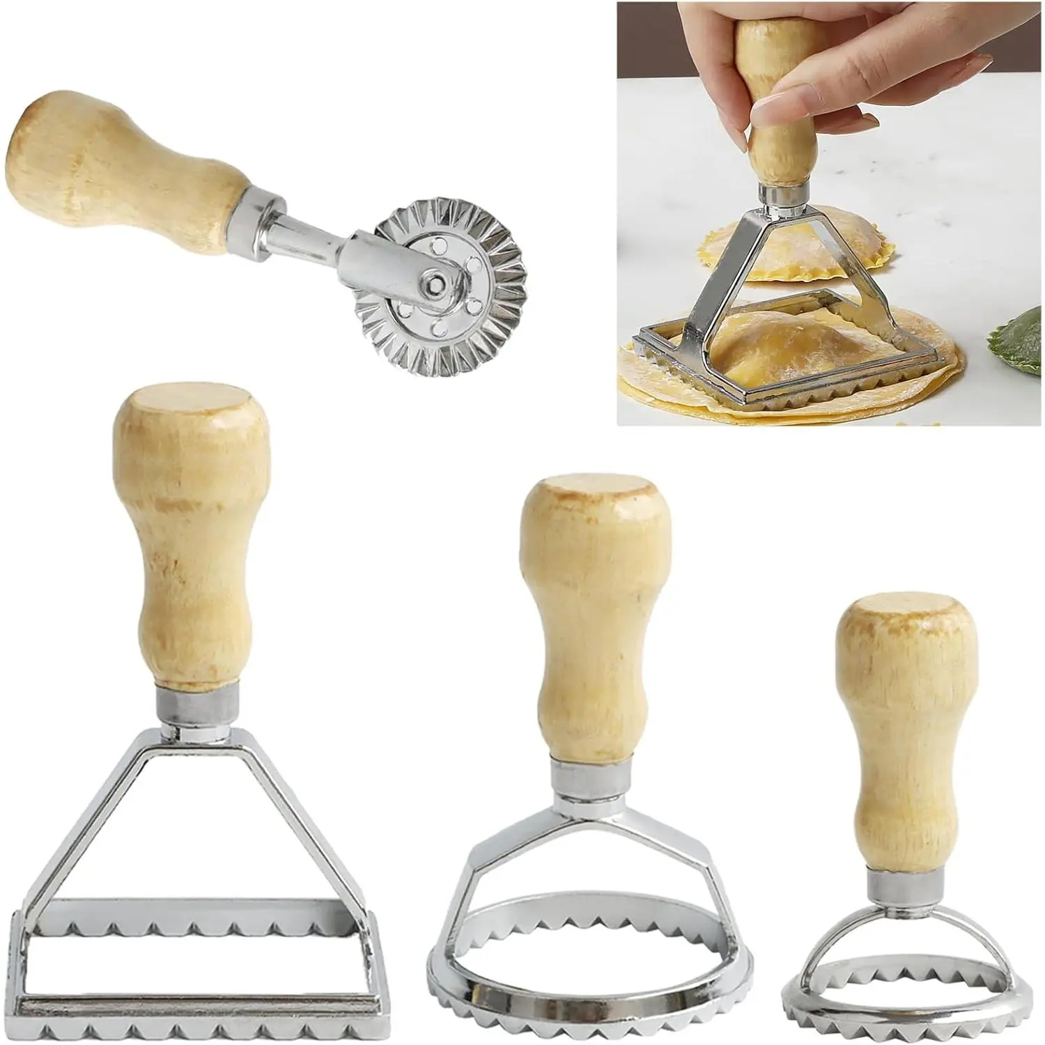 Ravioli  Maker  with Roller Wheel Set, Large Size Aluminum Press with Wooden Handle and Fluted Edge, Ravioli Maker  for Ravioli, Pasta, Dumplings Lasagna, Pierogi, Set of 4
