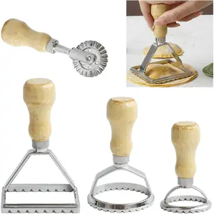 Ravioli  Maker  with Roller Wheel Set, Large Size Aluminum Press with Wooden Handle and Fluted Edge, Ravioli Maker  for Ravioli, Pasta, Dumplings Lasagna, Pierogi, Set of 4