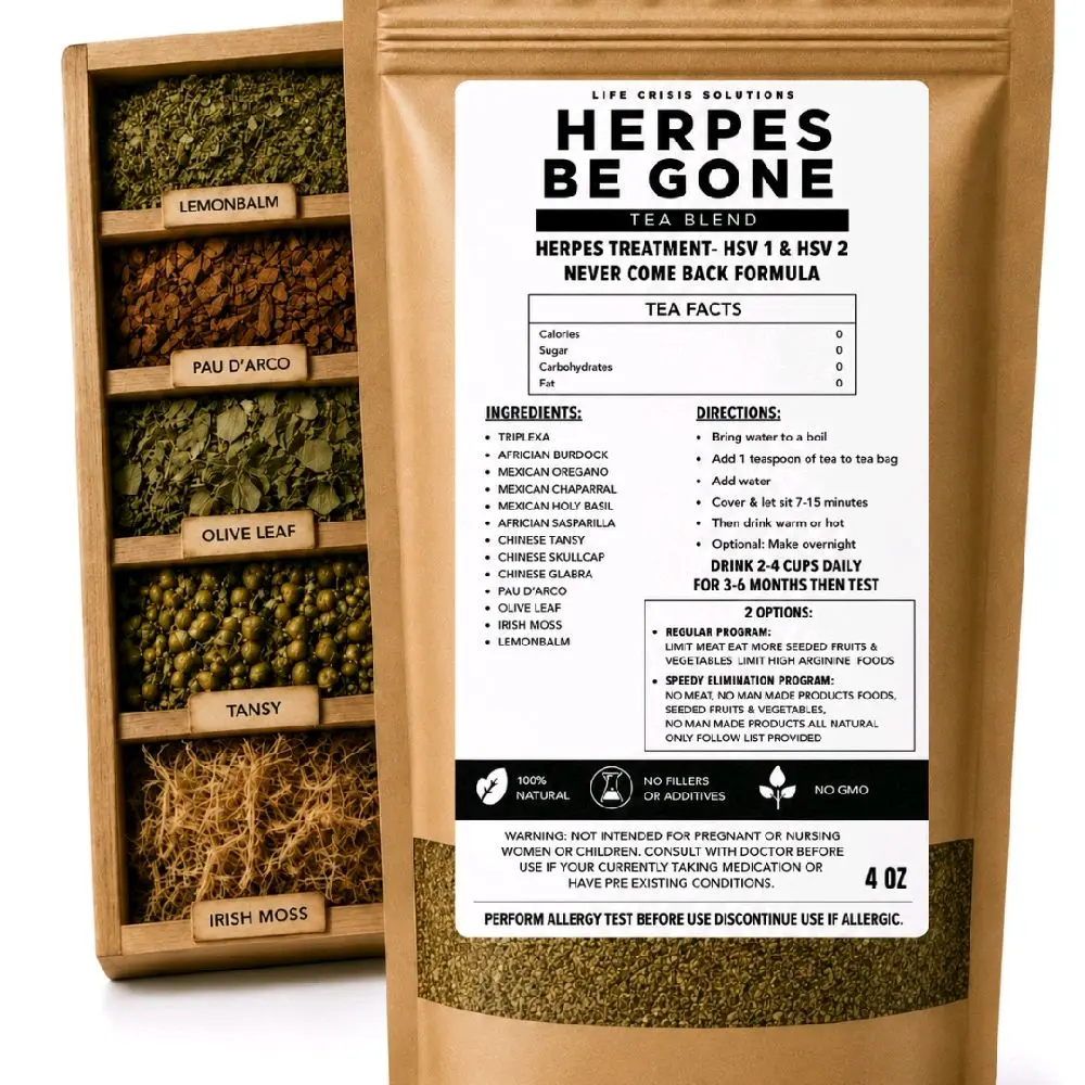 NATURALLYSWEETENED OR REGULAR STRENGTH OPTIONS-HSV LABEL OPTION-HSV 1 & HSV 2 HERPES BE GONE NATURAL ORGANIC 4 OUNCE HERBAL TEA