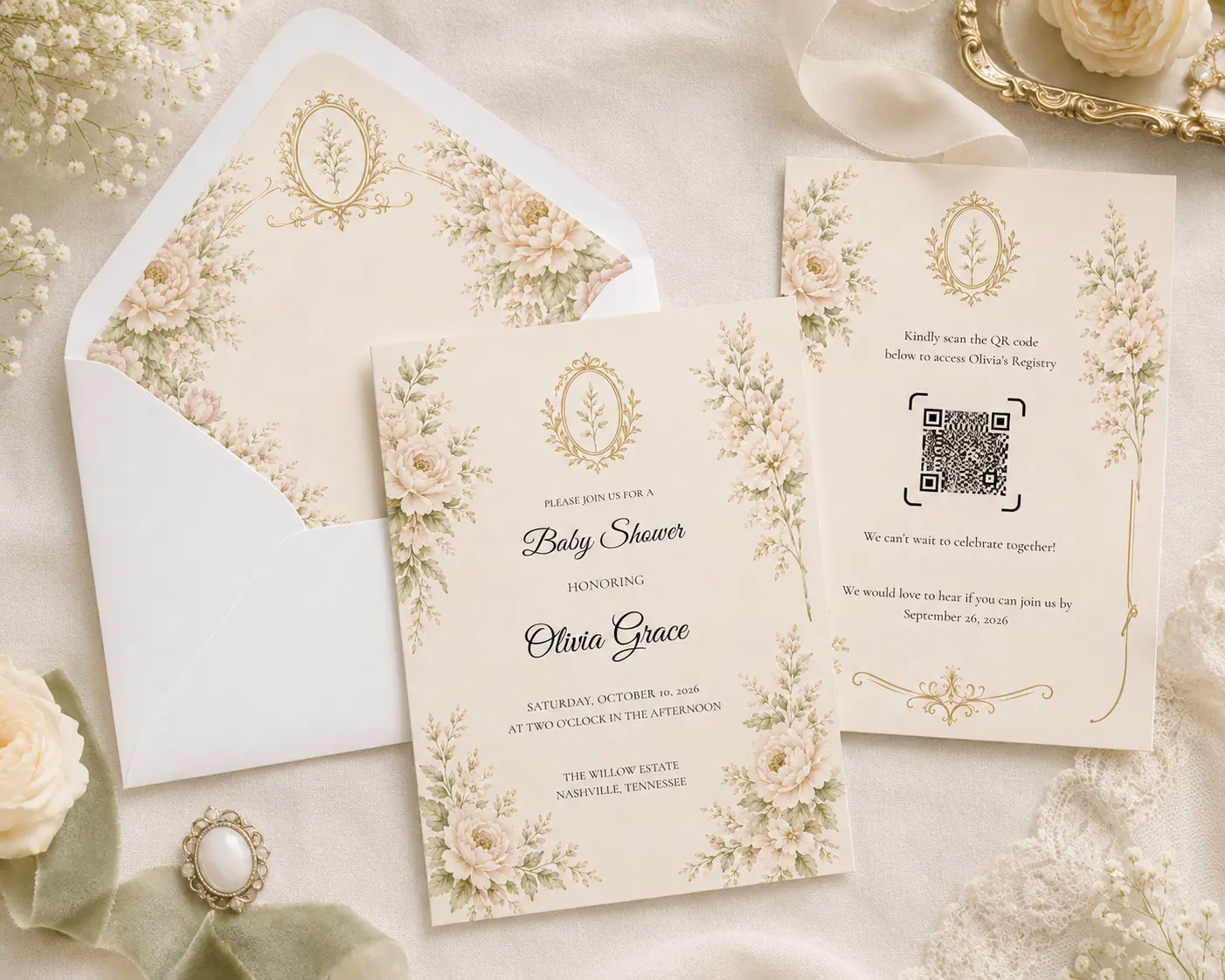 Personalized Heirloom Vintage Greeting Card, 5x7 Printed Baby Shower Invitation with Thoughtful Card Design